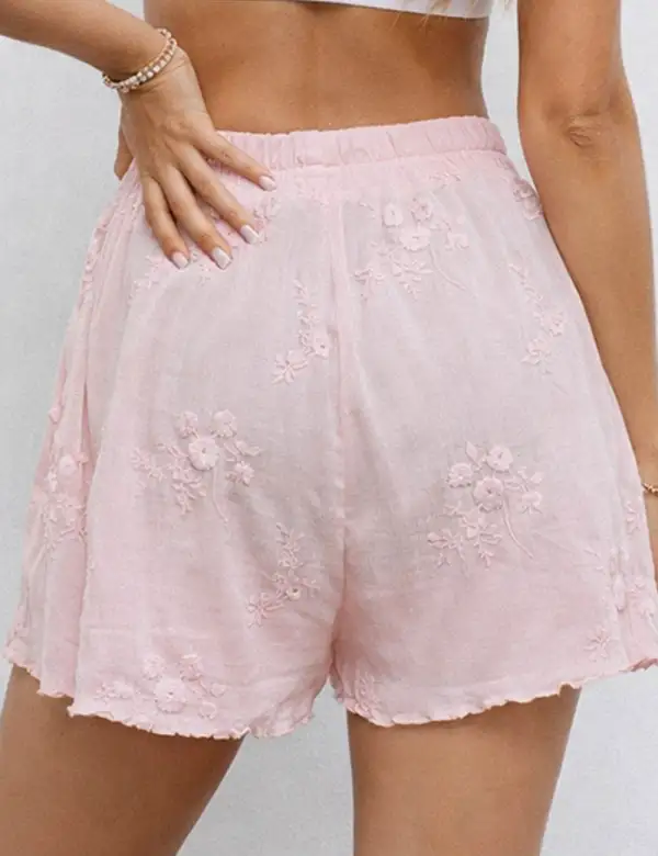 Embroidery Elastic Waist Solid Color Wide Leg Shorts