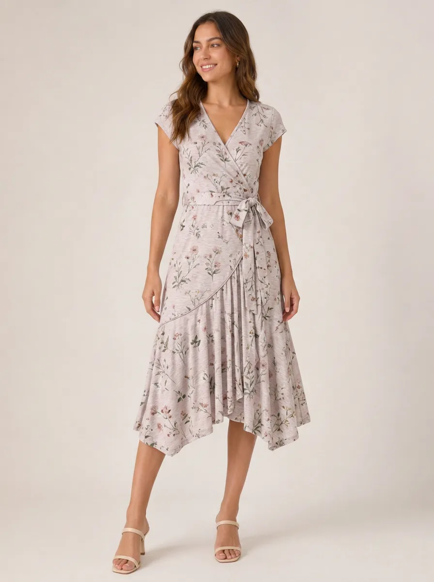 Women's Floral Botanical Print Wrap V-neck Printed Dress