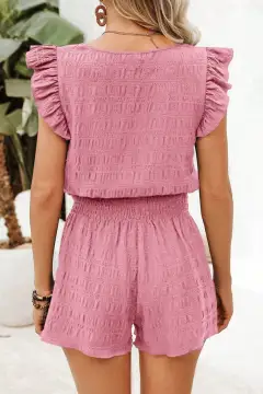 Refined High-Waist Shirred-Waist Textured Two-Piece Top and Shorts Set