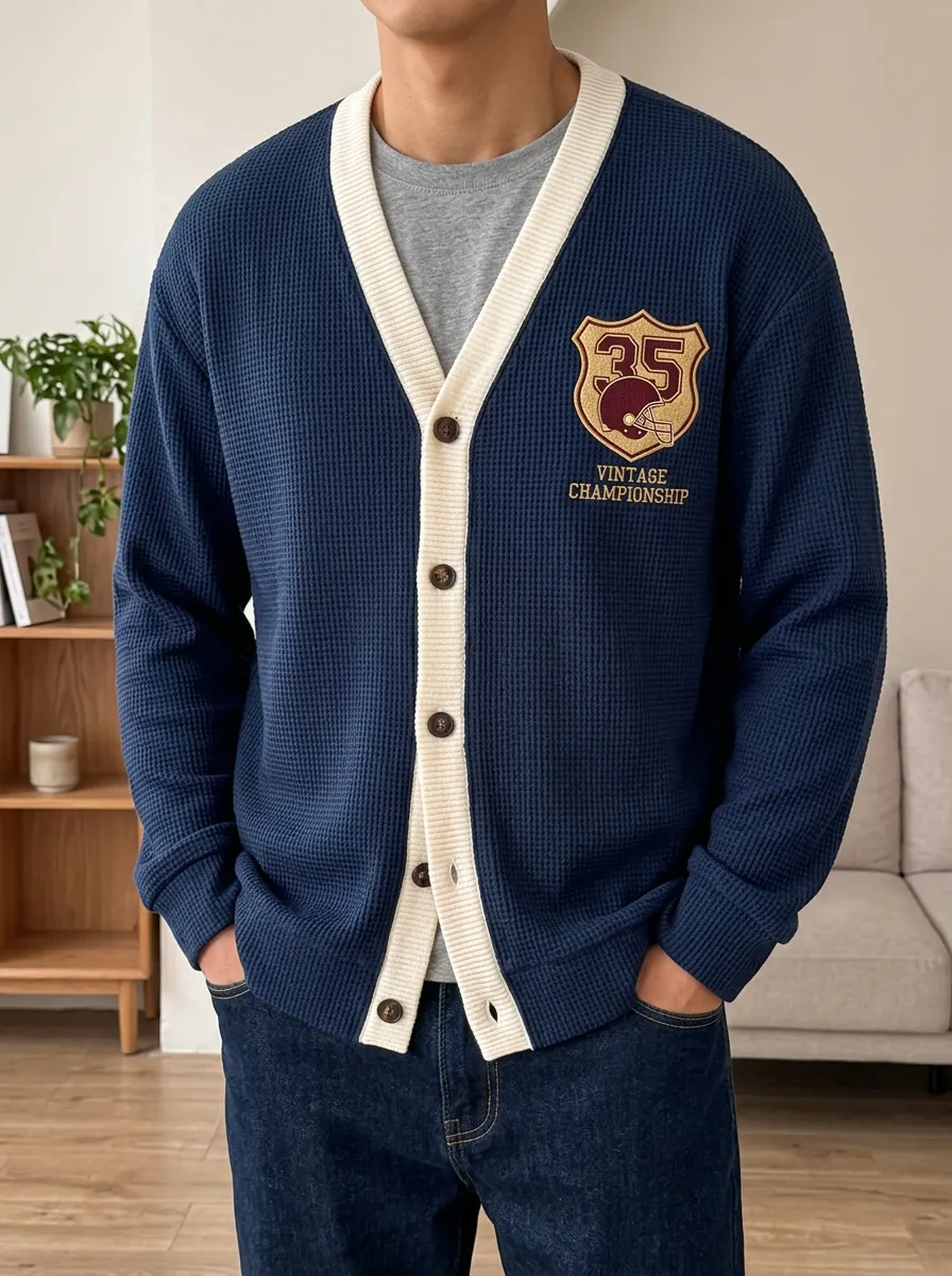 Men's Football Vintage Championship 35 Helmet Embroidered Waffle Cardigan
