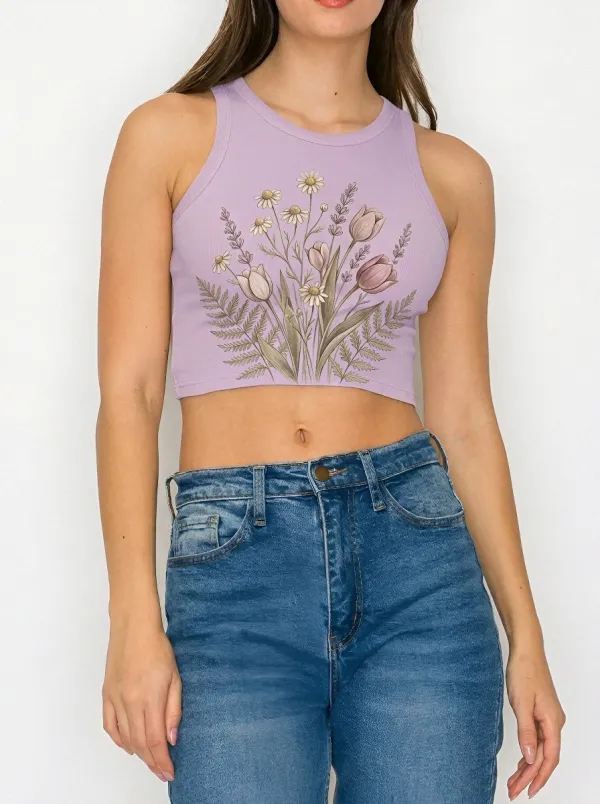 Women's Floral Nature Lover Daisy Tulip Printed Crop Top