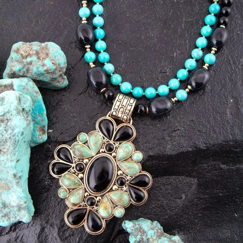 Statement Pendant Turquoise Onyx Bronze Necklace