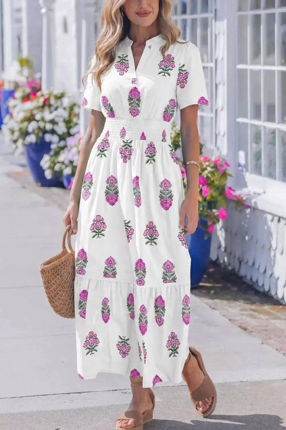Split Neck Shirred High Waist Ruffle Hem Midi Dress