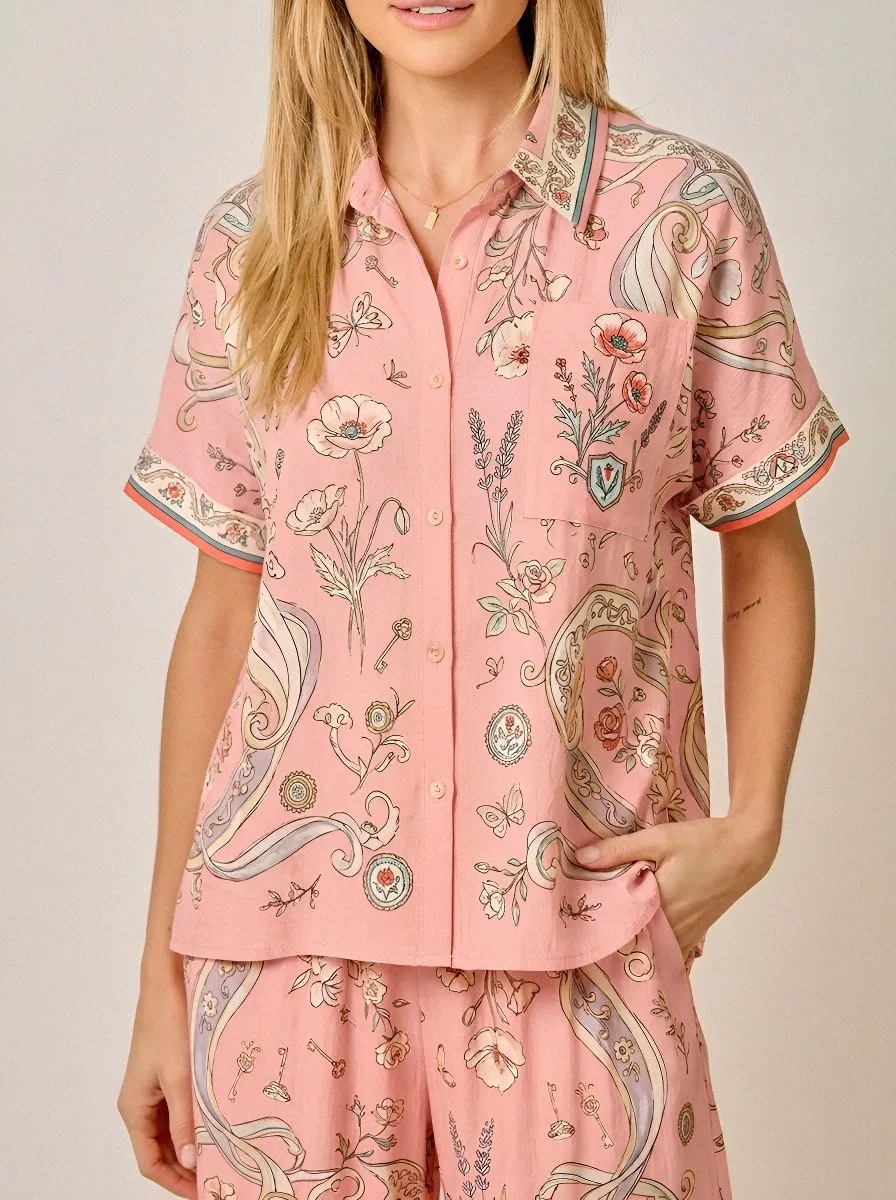 Women's Floral Paisley Butterfly Printed Button Down Shirt