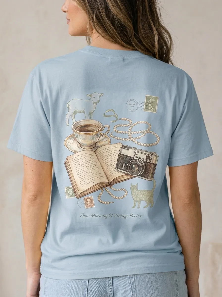 Women's Vintage Aesthetic Poetry Camera Coffee Printed T-shirt
