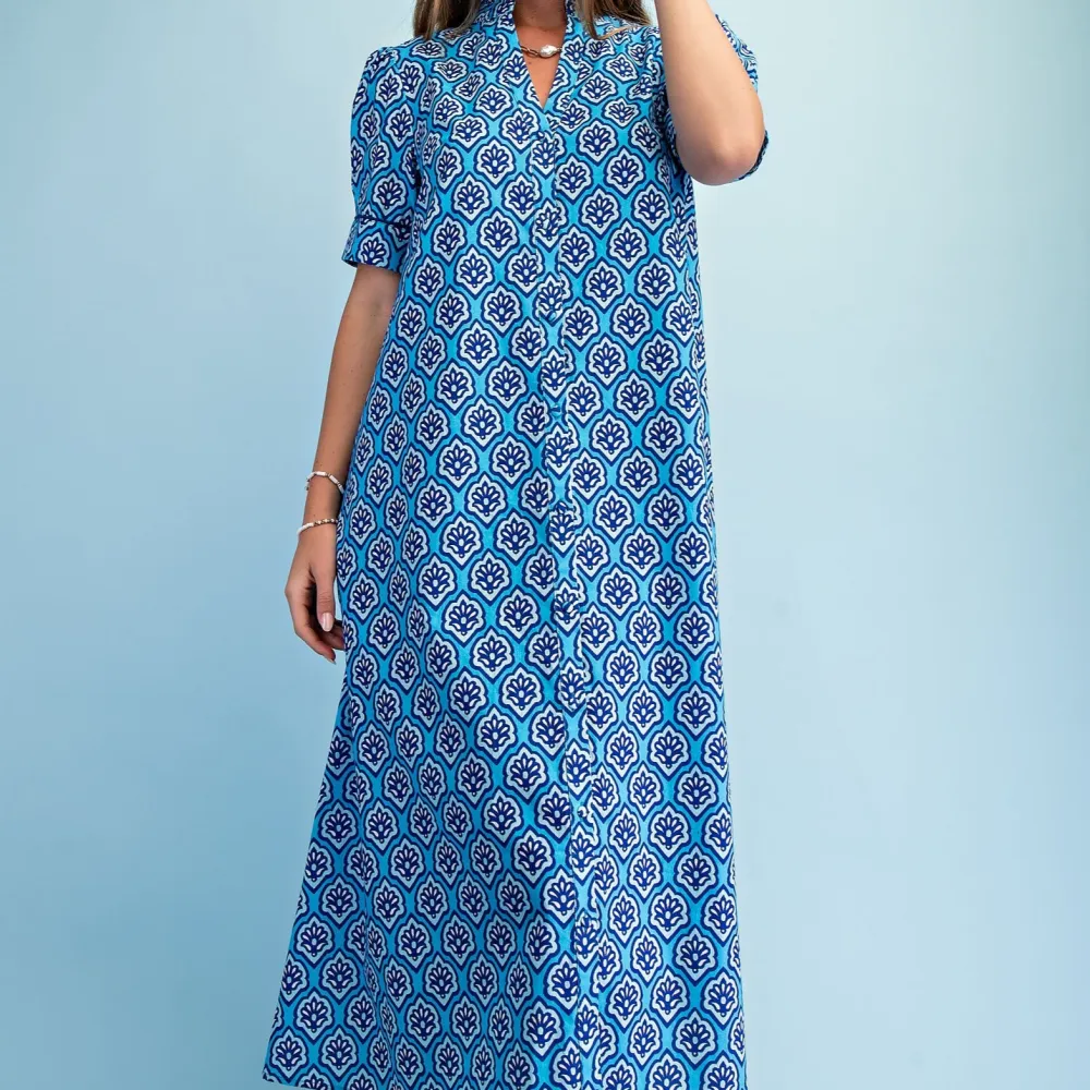 Ruffle Detail Short Sleeve Button Front Mixed Print Dress