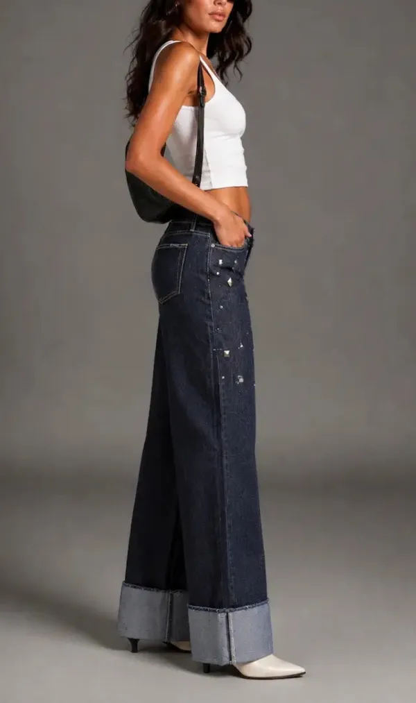 Low Rise Wide Leg Cuffed Denim Jeans