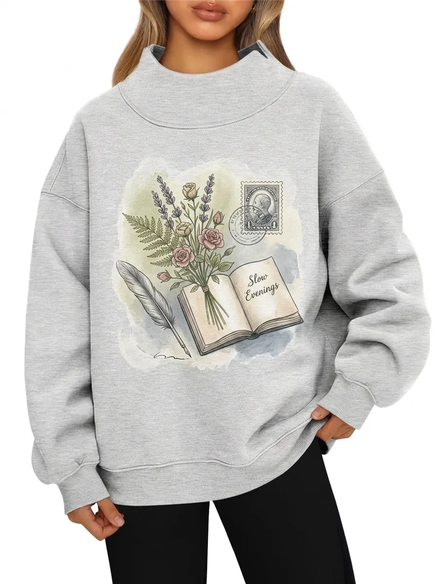 Women's Book Lover Floral Feather Stamp Printed Sweatshirt