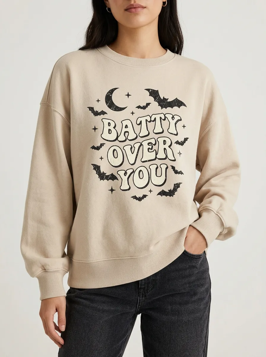 Women's Halloween Batty Over You Moon Stars Printed Sweatshirt