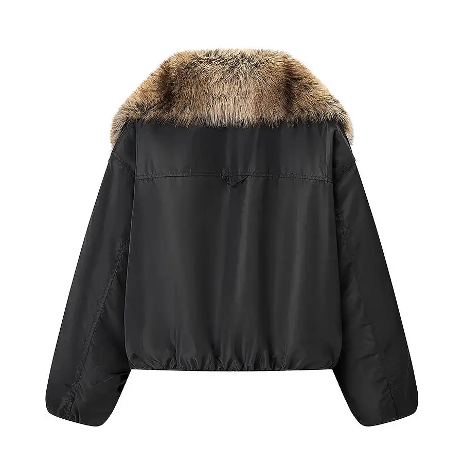 Cropped Faux Fur Shawl Collar Elastic Hem Bomber Jacket