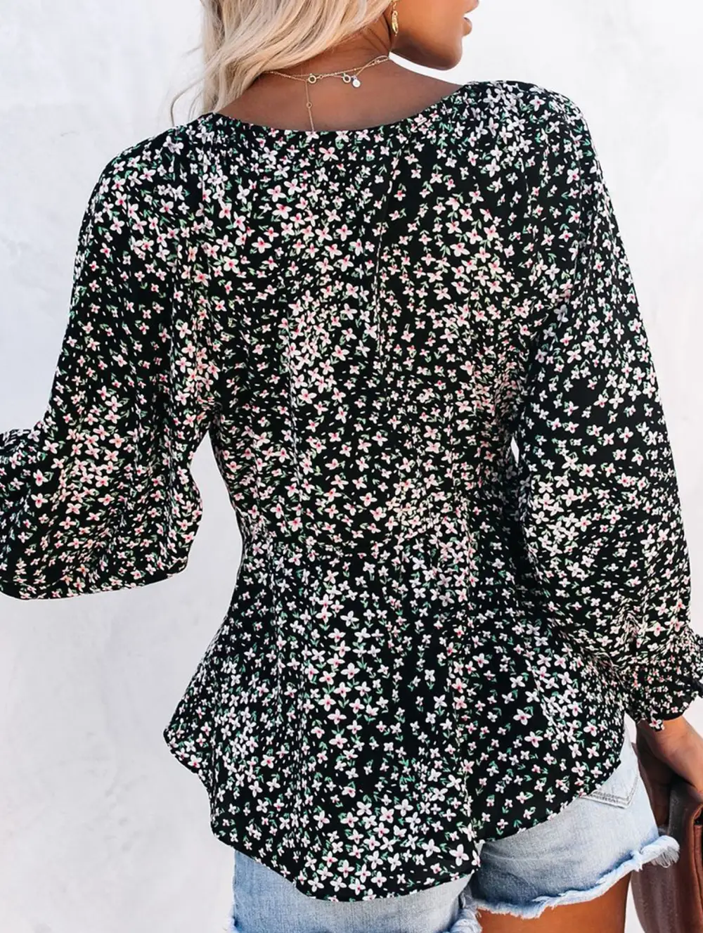 Floral Print V Neck Tie Waist Blouse