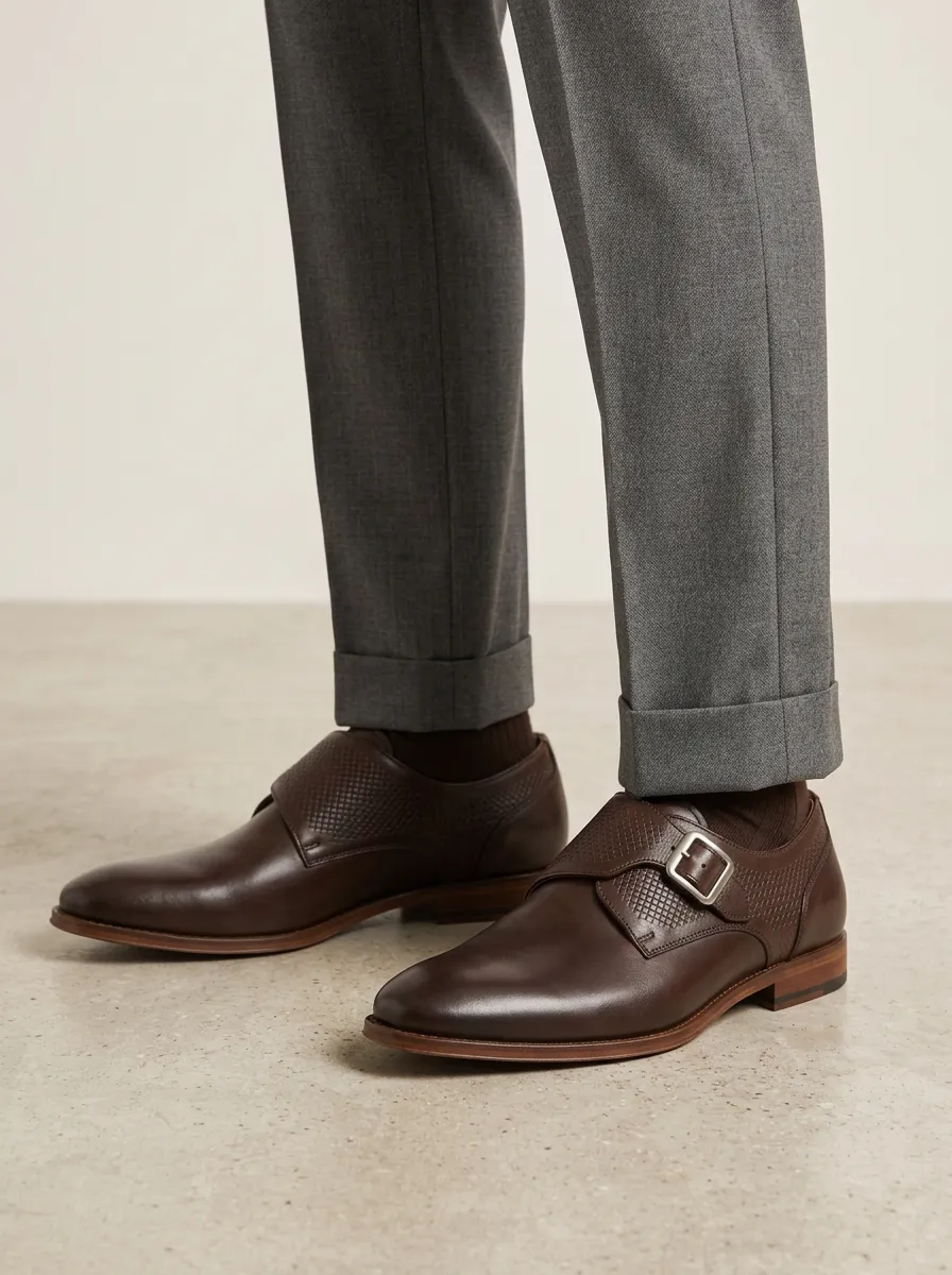 Men's Woven Texture Buckle Strap Printed Leather Shoes