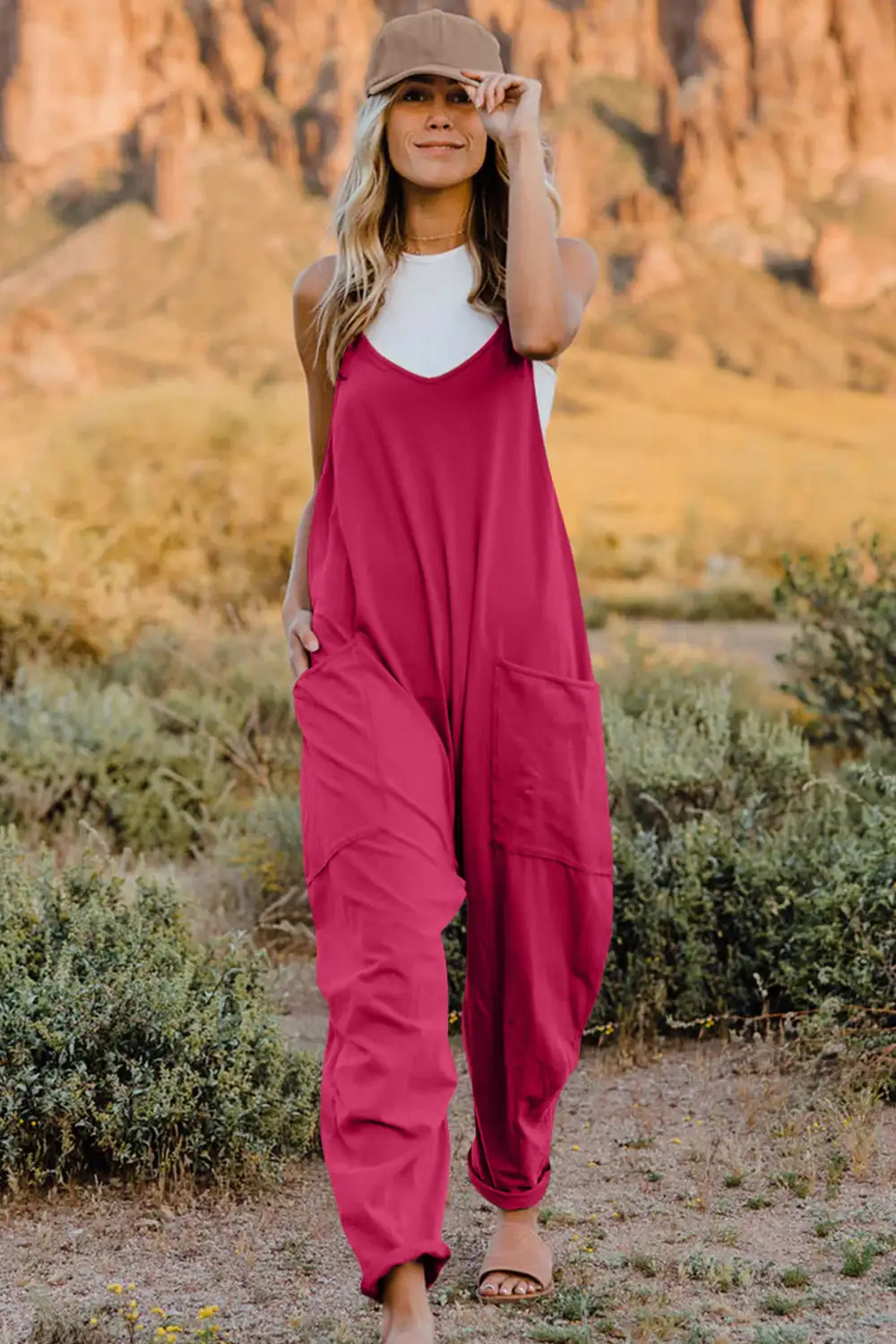 V Neck Sleeveless Pocket Jumpsuit