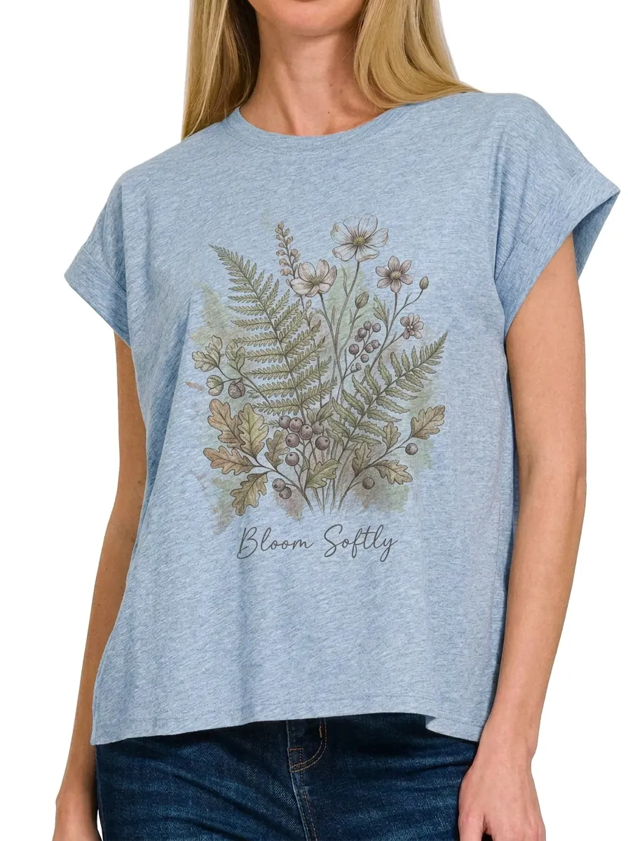 Women's Botanical Nature Lover Bloom Softly Printed T-shirt