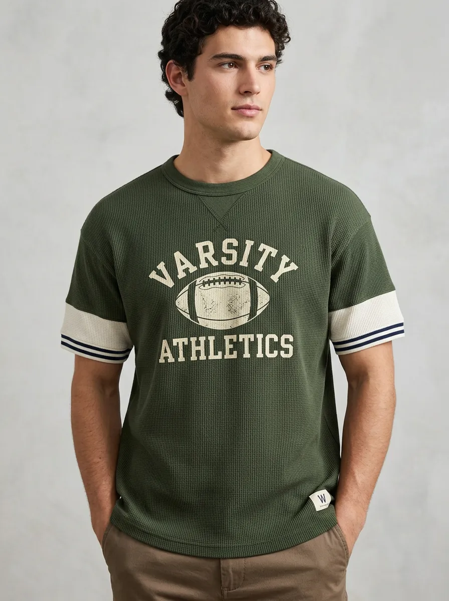 Men's Varsity Football Sports Graphic Printed Waffle Knit T-shirt