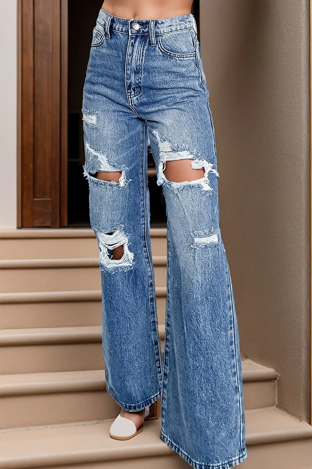 High Waist Bootcut Distressed Jeans