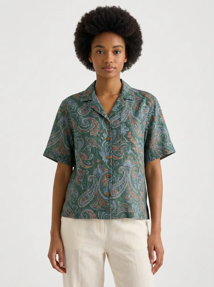 Women's Vintage Style Green Paisley Printed Button Down Shirt