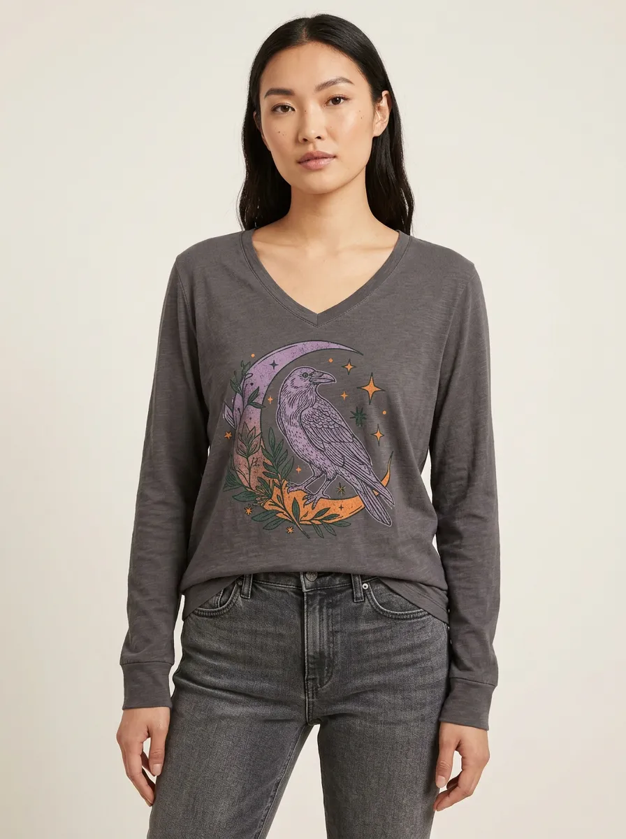 Women's Halloween Gothic Raven Moon Printed V-neck Long Sleeve T-shirt