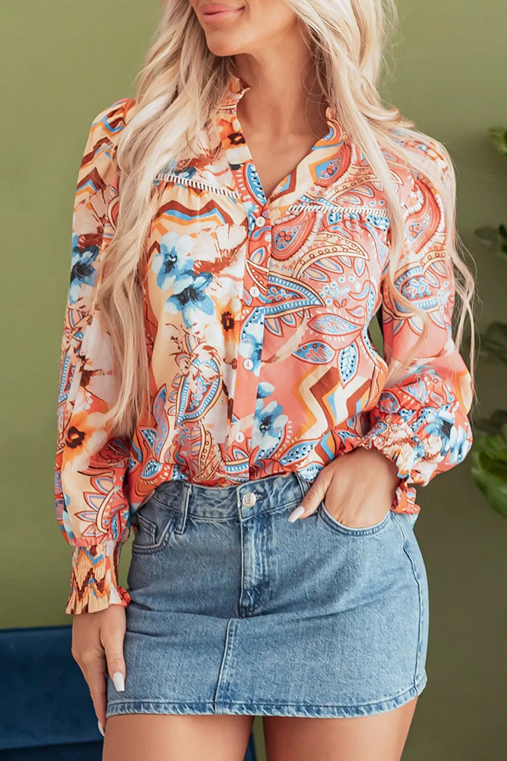 Floral Shirred Relaxed Fit Shirt Blouse