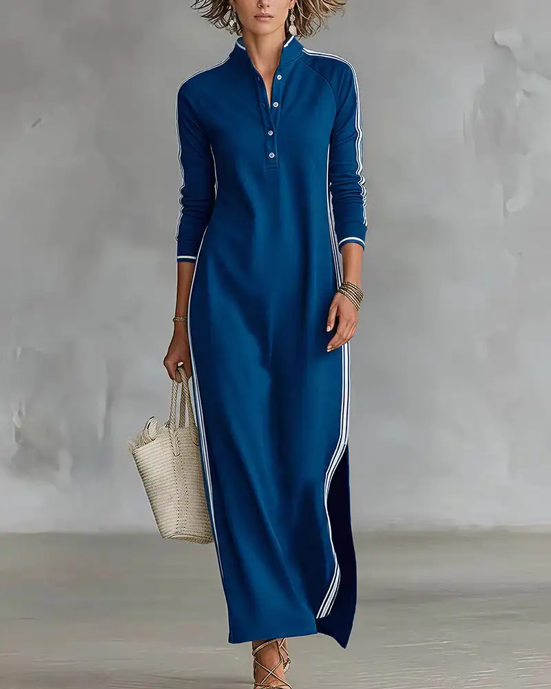 Sporty Chic Button Collar Maxi Dress with Side Stripes