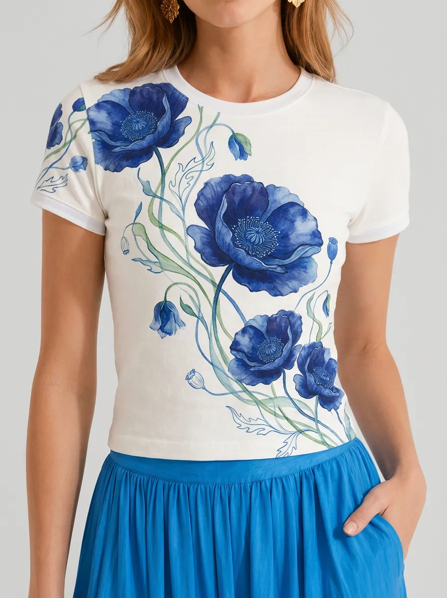 Women's Floral Lover Blue Poppy Watercolor Printed T-shirt