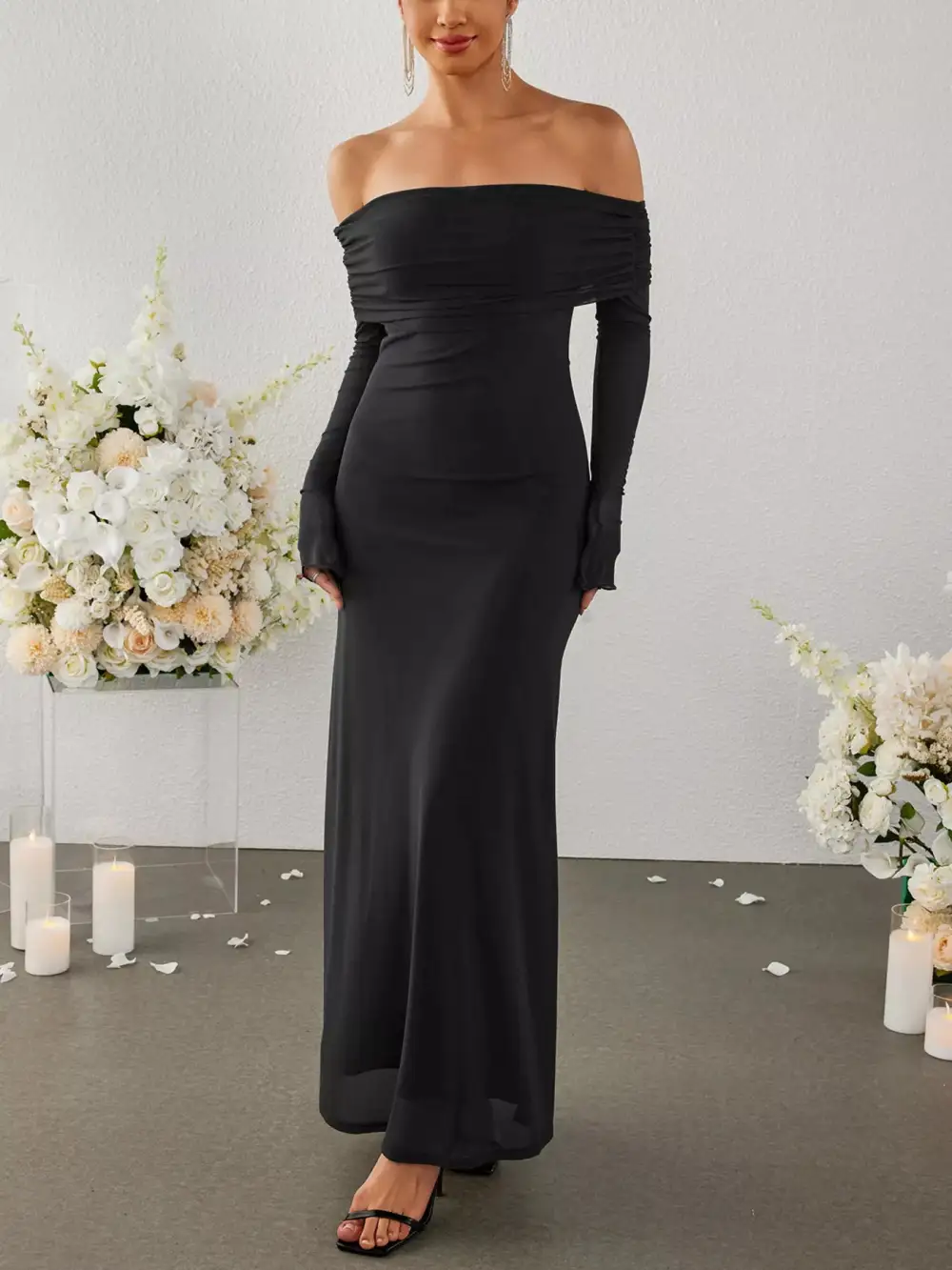 Off Shoulder Ruched Long Sleeve Maxi Dress
