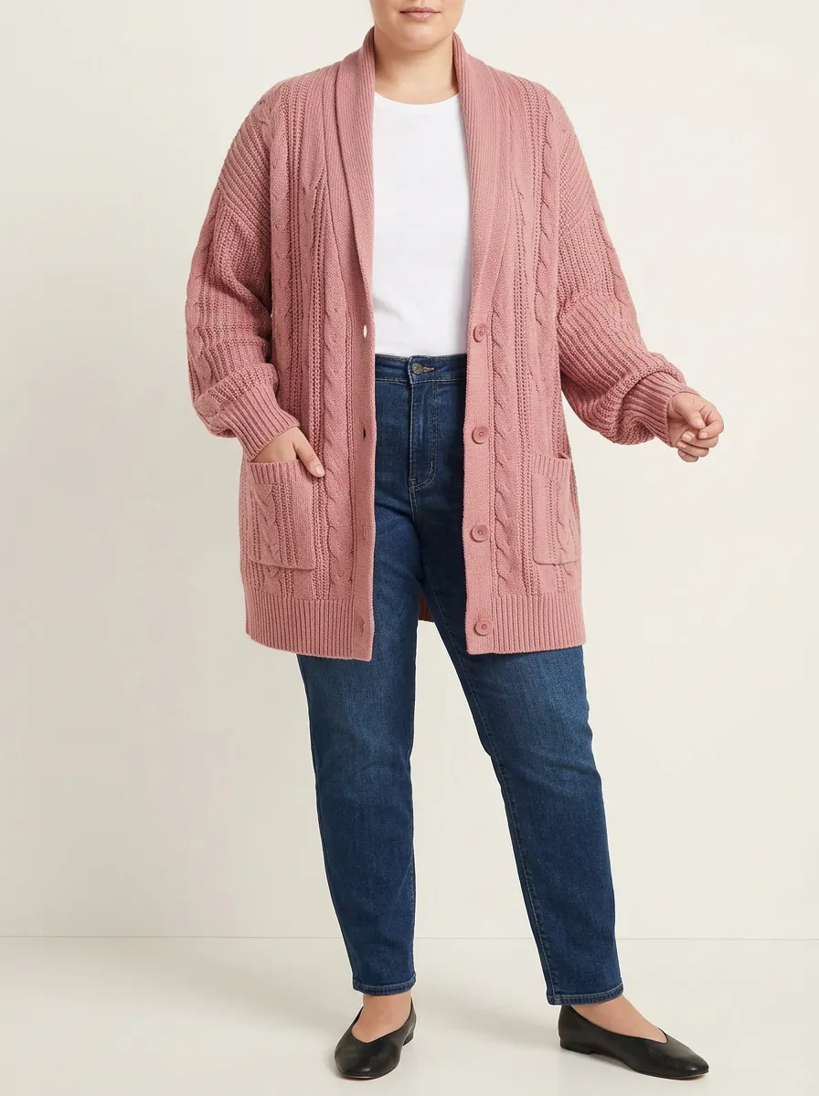 Women's Dusty Rose Cable Knit Button-Front Cardigan