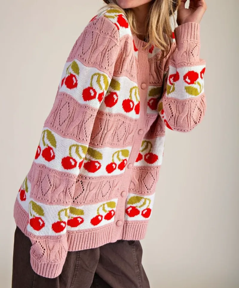 Cherry Print Button Down Relaxed Cardigan