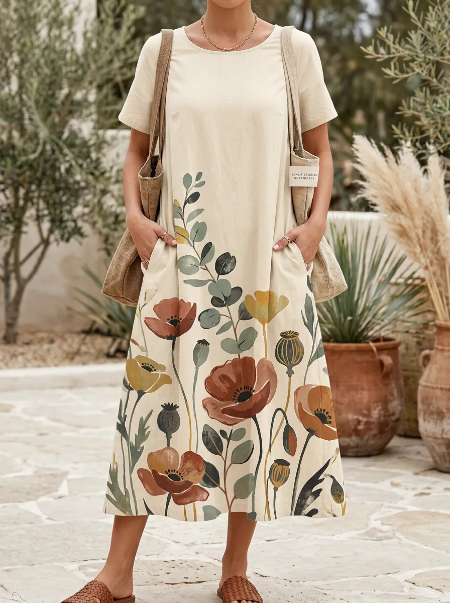 Women's Botanical Poppy Floral Printed Midi Dress