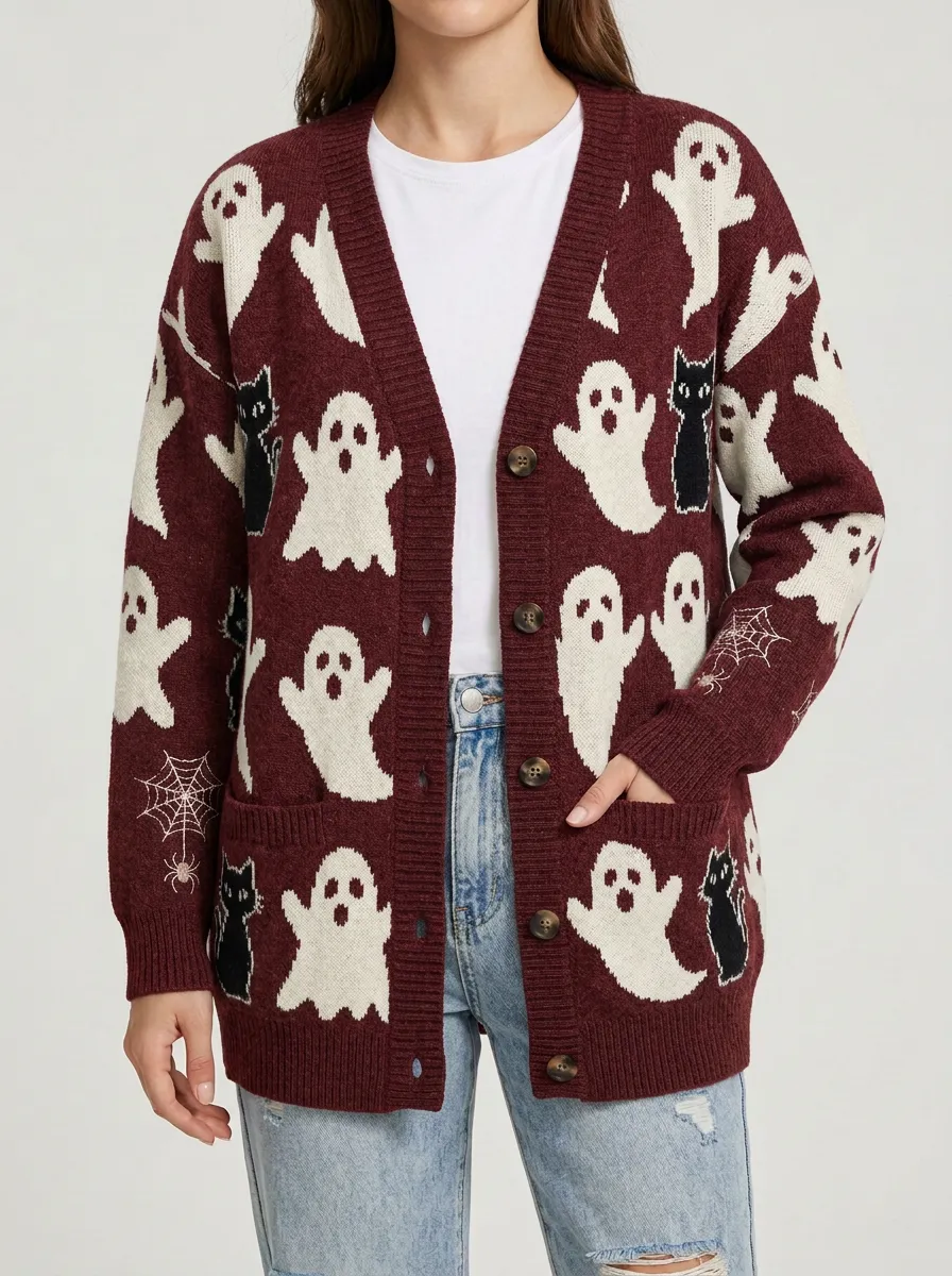 Women's Halloween Ghost Cat Spider Web Pattern Printed Cardigan