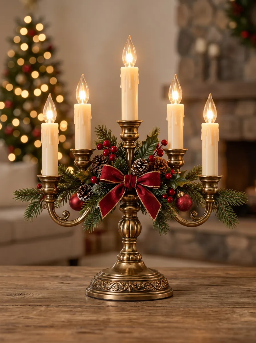 Festive Pinecone Bow Printed Candelabra