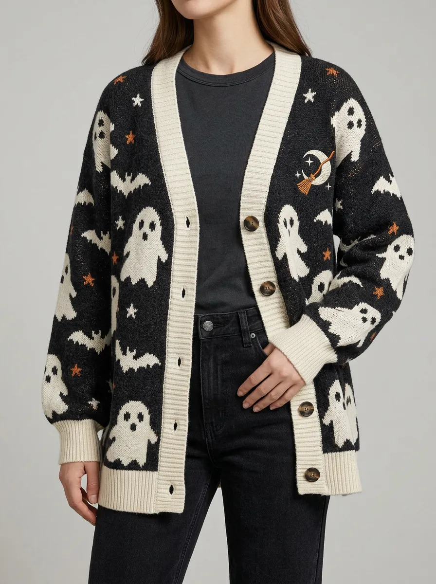 Women's Halloween Ghost Bat Moon Pattern Knitted Cardigan