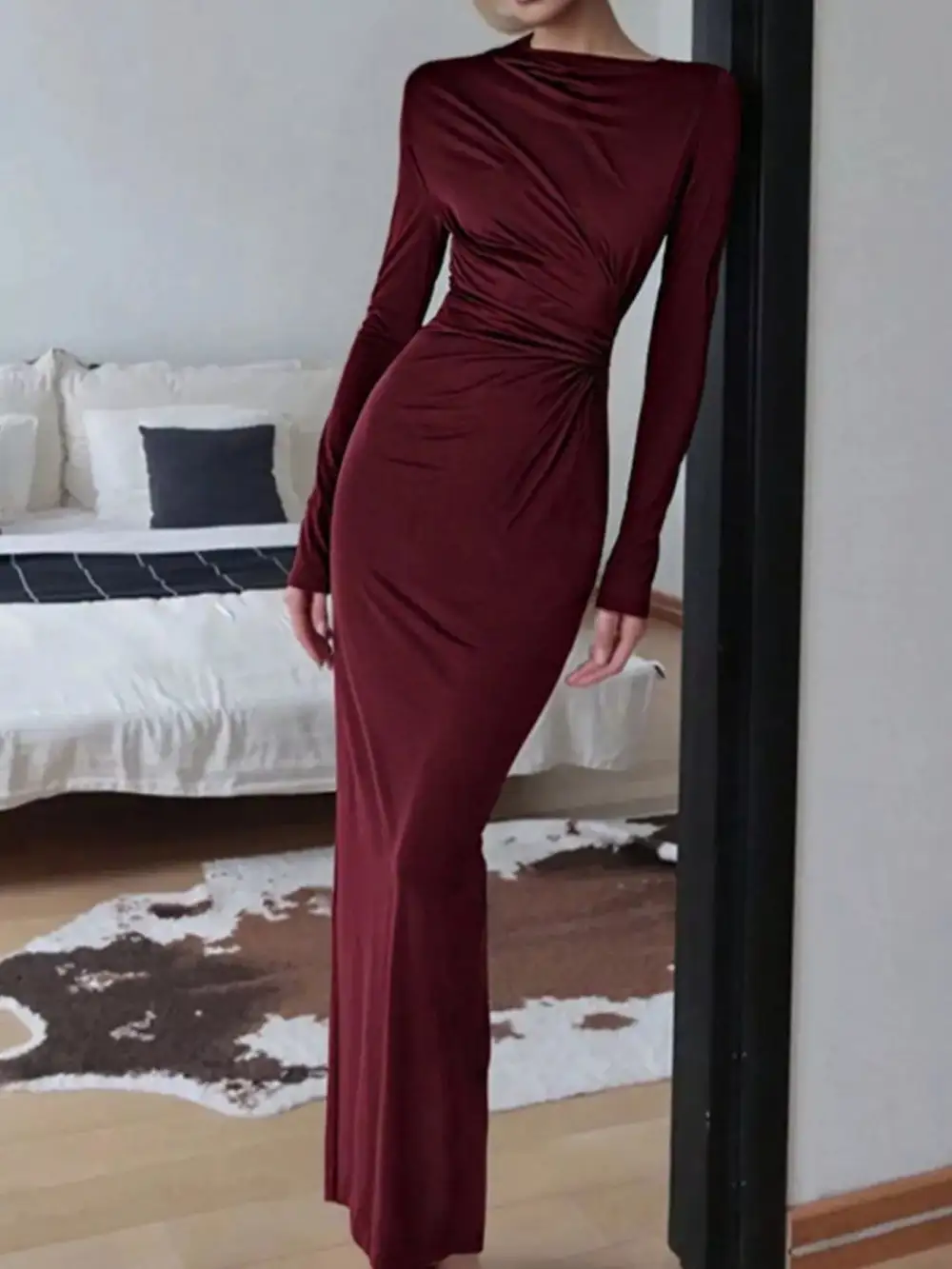 Ruched Long Sleeve Bodycon Maxi Dress