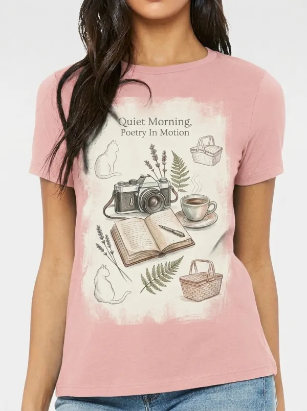 Women's Aesthetic Poetry Camera Cat Coffee Printed T-shirt
