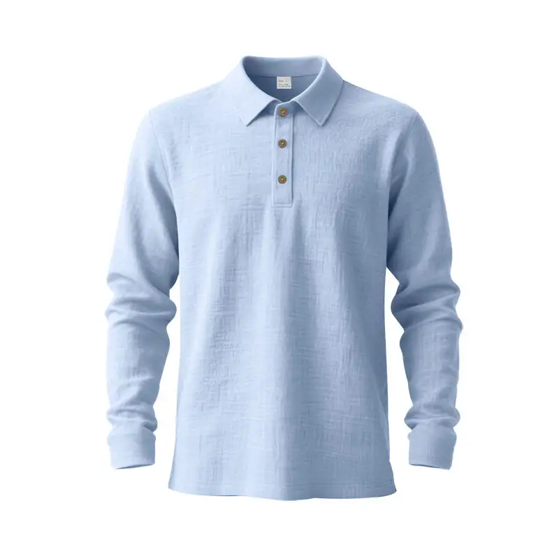 Men's Long-Sleeve Polo Shirt Cotton Gauze With A Shirt Collar Three-button Placket And Relaxed Fit