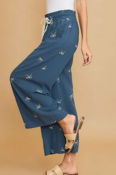Relaxed Full Size Lace Drawstring Embroidered Bow Wide Leg Pants