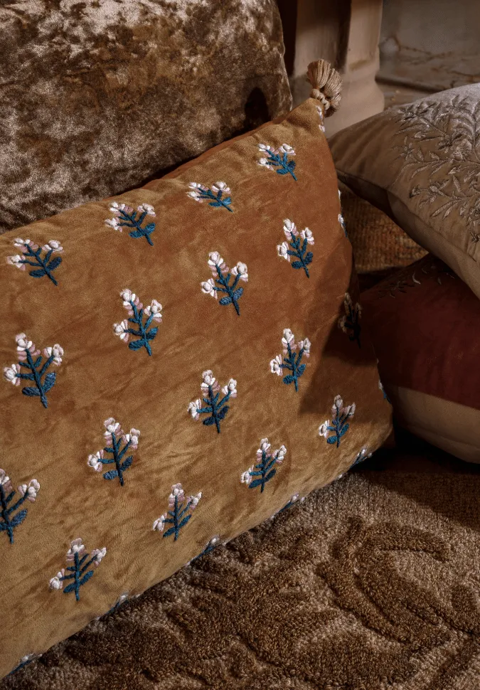 Artisan Floral Textured Velvet Decorative Cushion Cover