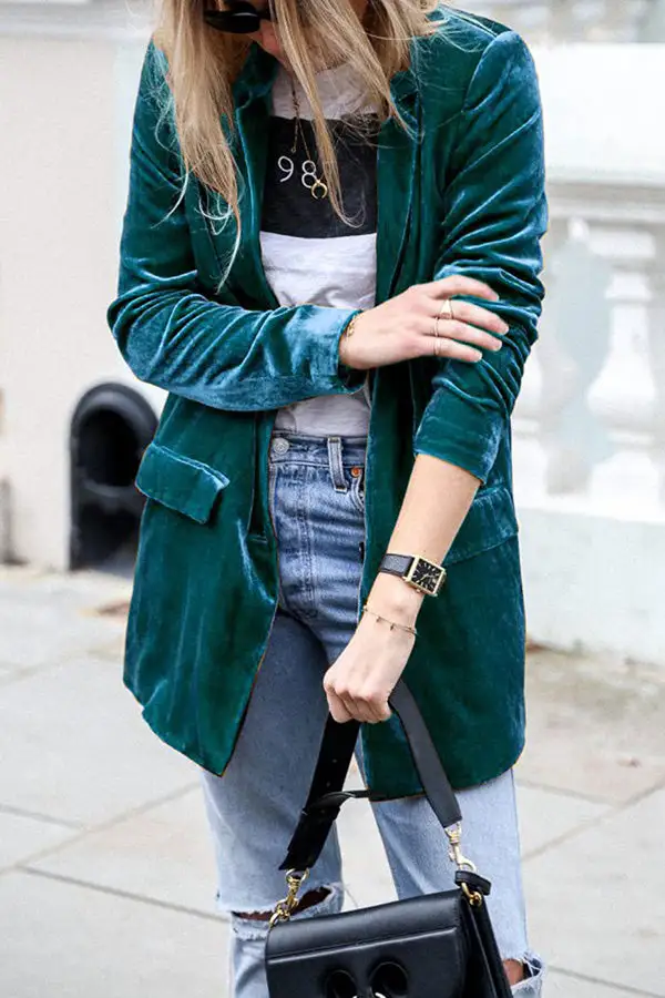 Lapel-Collar Velvet Polyester Tailored Blazer