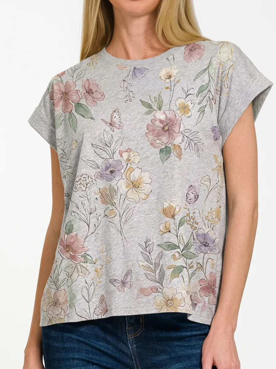 Women's Floral Butterfly Botanical Art Printed T-shirt
