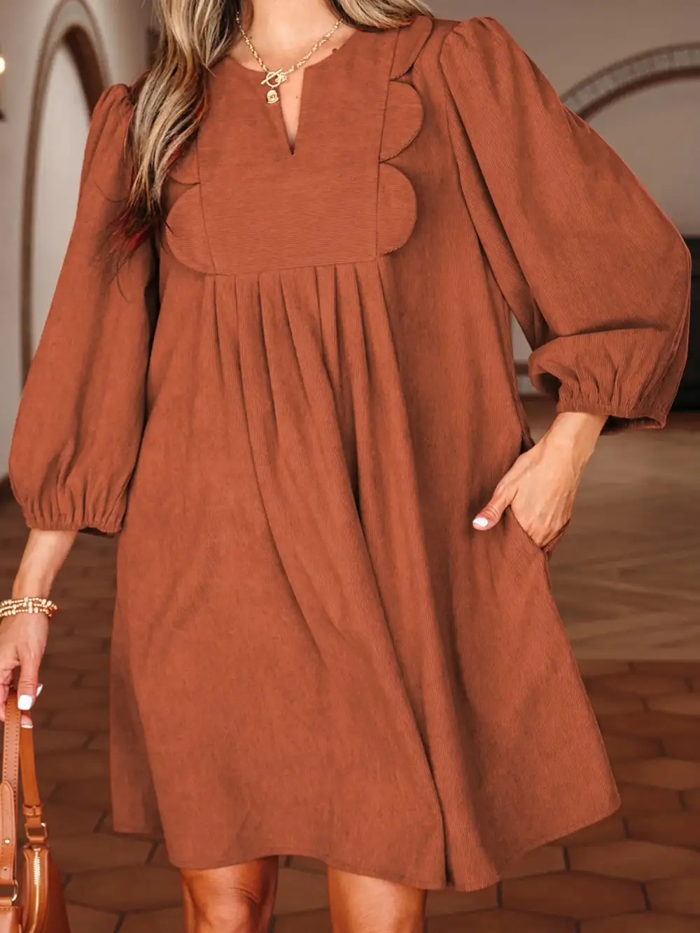 Corduroy Split Neck Mini Dress