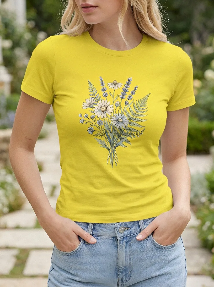 Women's Botanical Nature Lover Daisy Lavender Fern Printed T-shirt