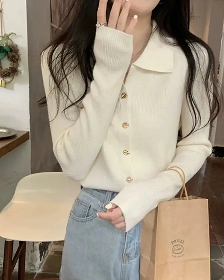 Polyester-Blend Button-Front Polo-Collar Relaxed-Fit Cardigan