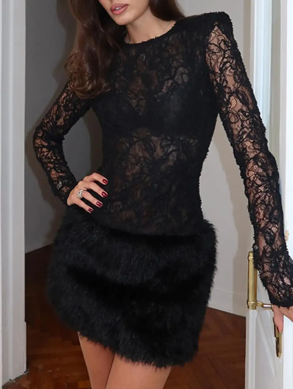 Lace Patchwork Fuzzy Bodycon Mini Dress