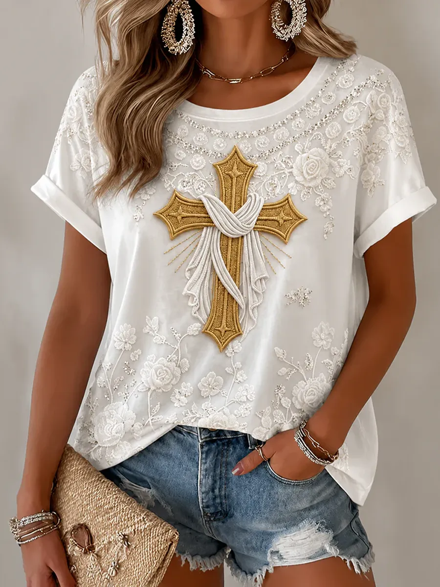 Women's Faith Lace Cross Rose Atmosphere Print Short Sleeve Tee Top