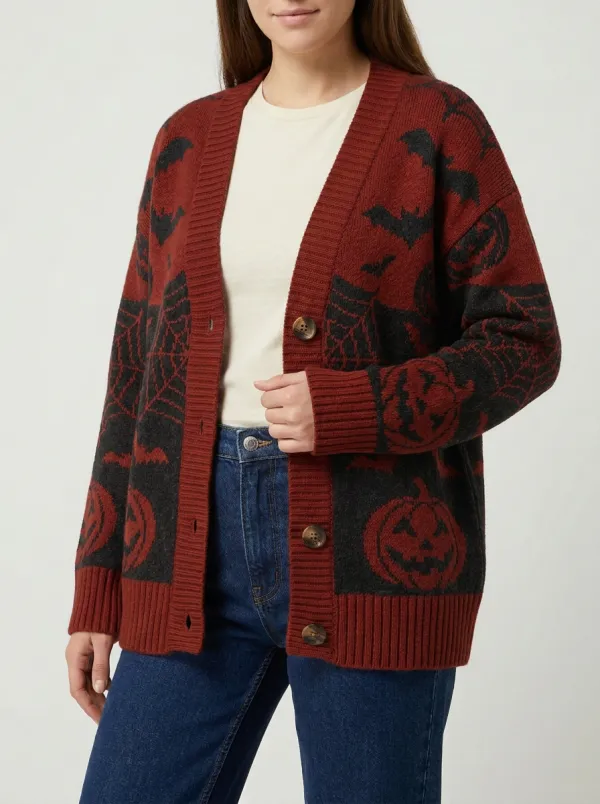Women's Halloween Pumpkin Bat Spiderweb Patterned Knit Cardigan