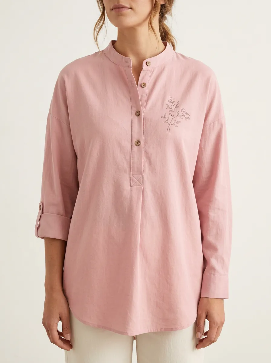 Women's Nature Lover Bird Branch Printed Pink Mandarin Collar Shirt