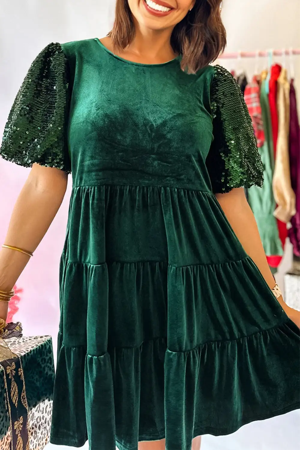 Polished Detail Velvet Sequin Tiered Mini Dress