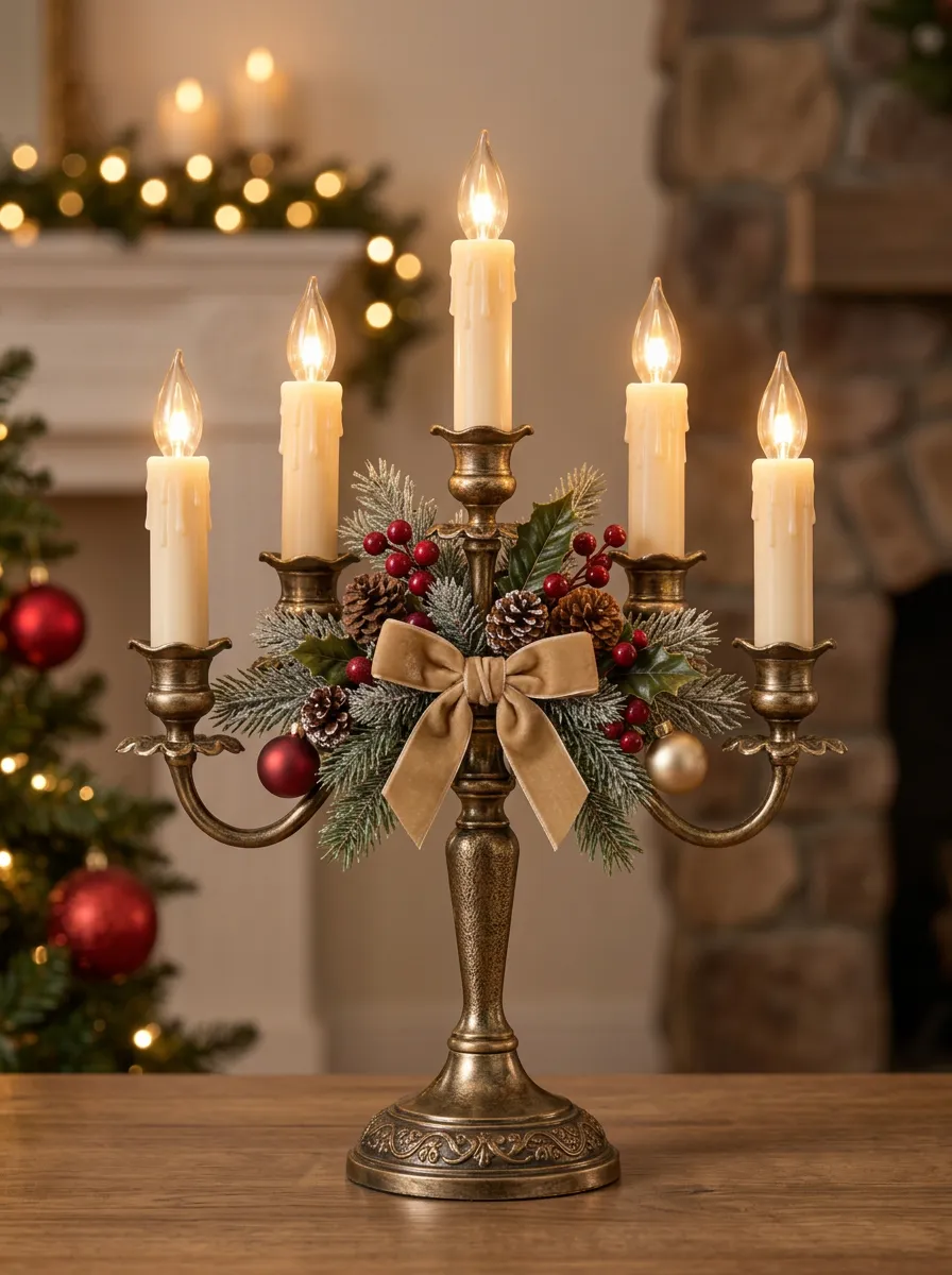 Tabletop Pinecone Berry Bow Candelabra