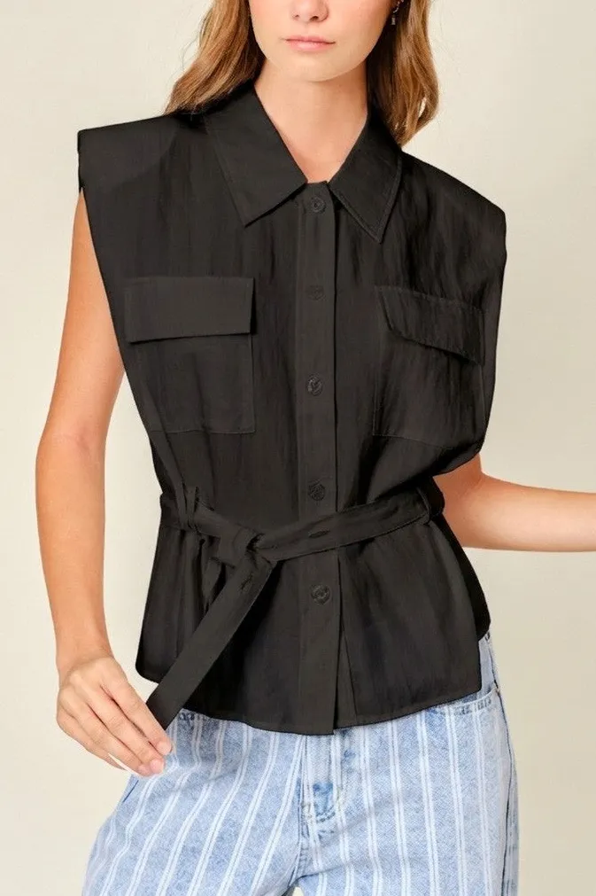 Front Pocket Belted Blouse With Cap Sleeve