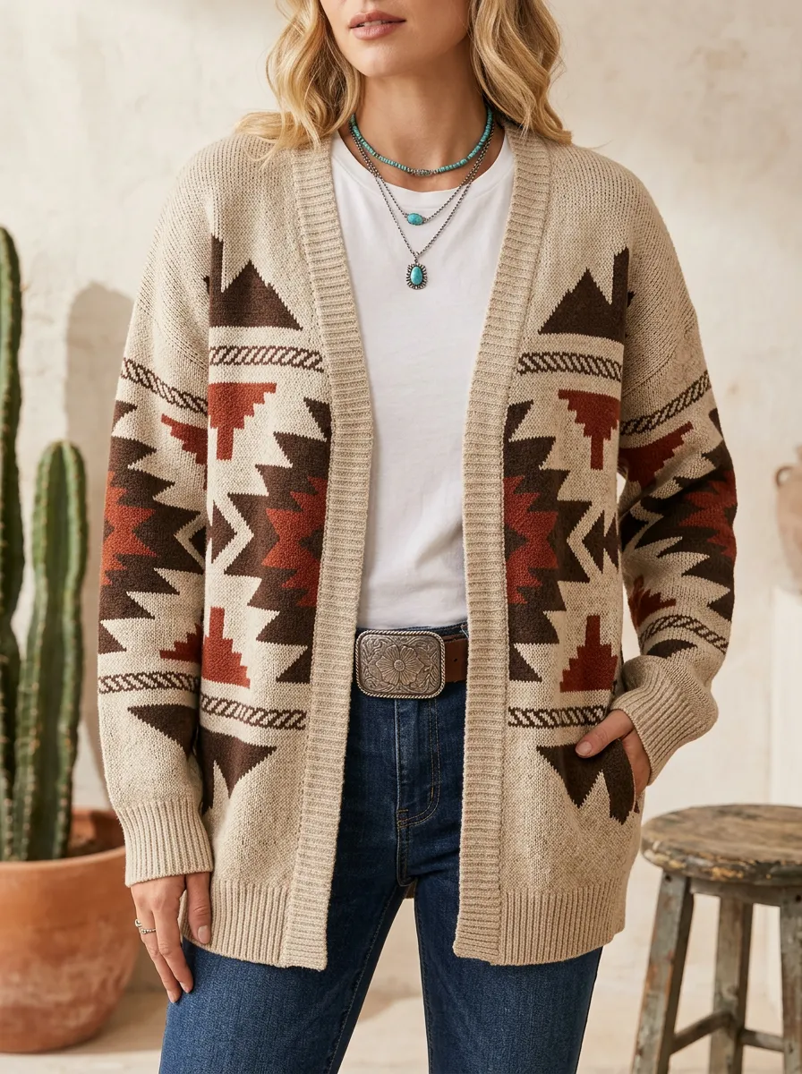 Women's Western Aztec Geometric Pattern Knitted Cardigan Sweater